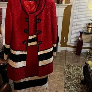 Red Two-Piece Textured Dress Set with Black & Cream Trim